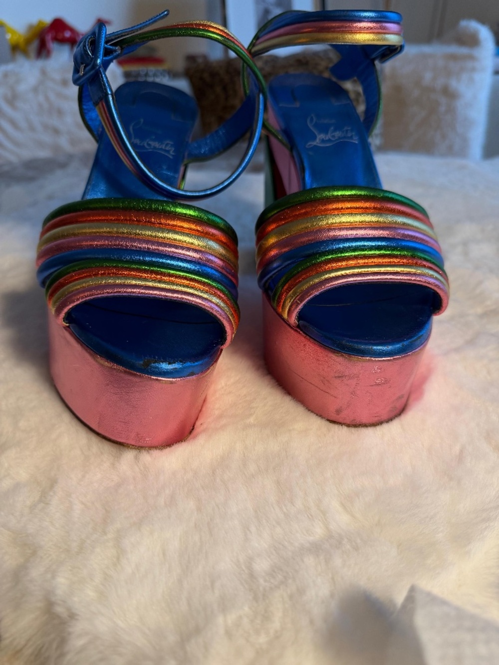 Vintage Christian Louboutin Metallic Rainbow Platform Sandals with Pink Platform